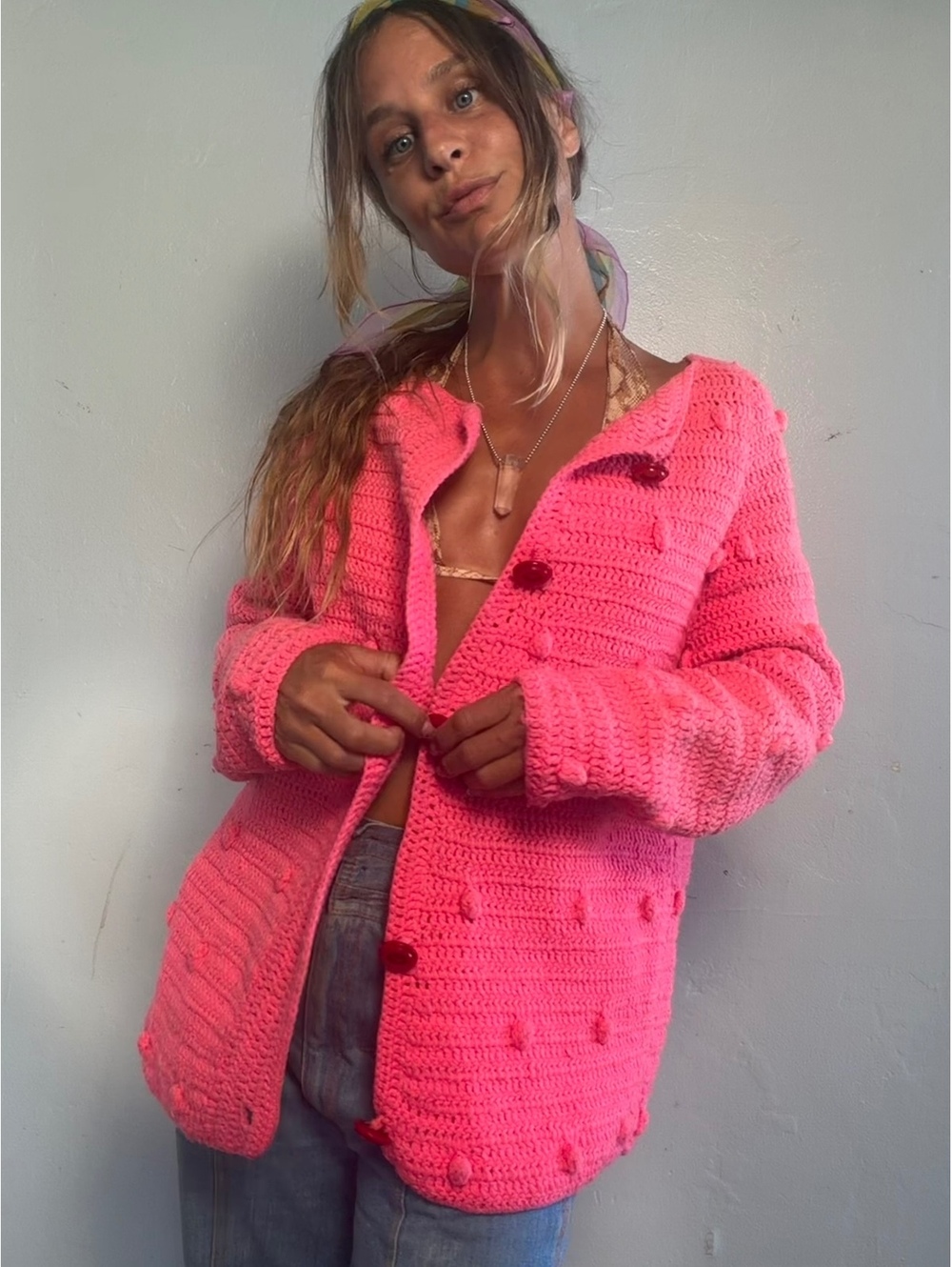 Handmade Pink Crochet Button-Up Cardigan Sweater